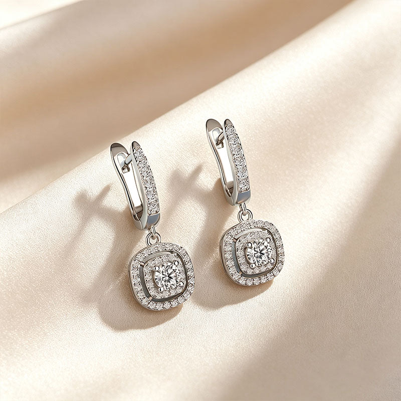 Cushion Double Halo Moissanite Huggie Drop Earrings