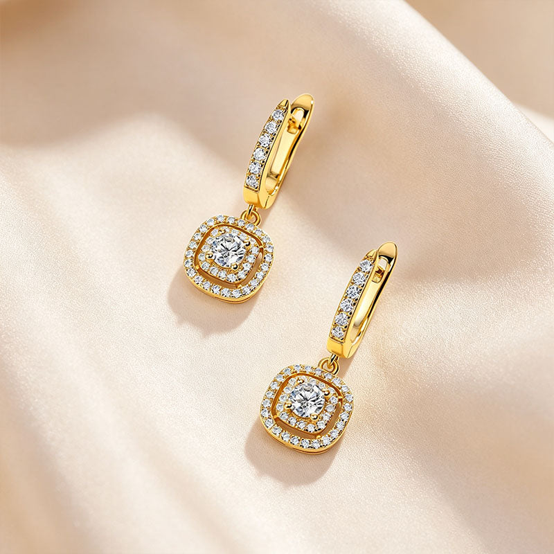 Cushion Double Halo Moissanite Huggie Drop Earrings