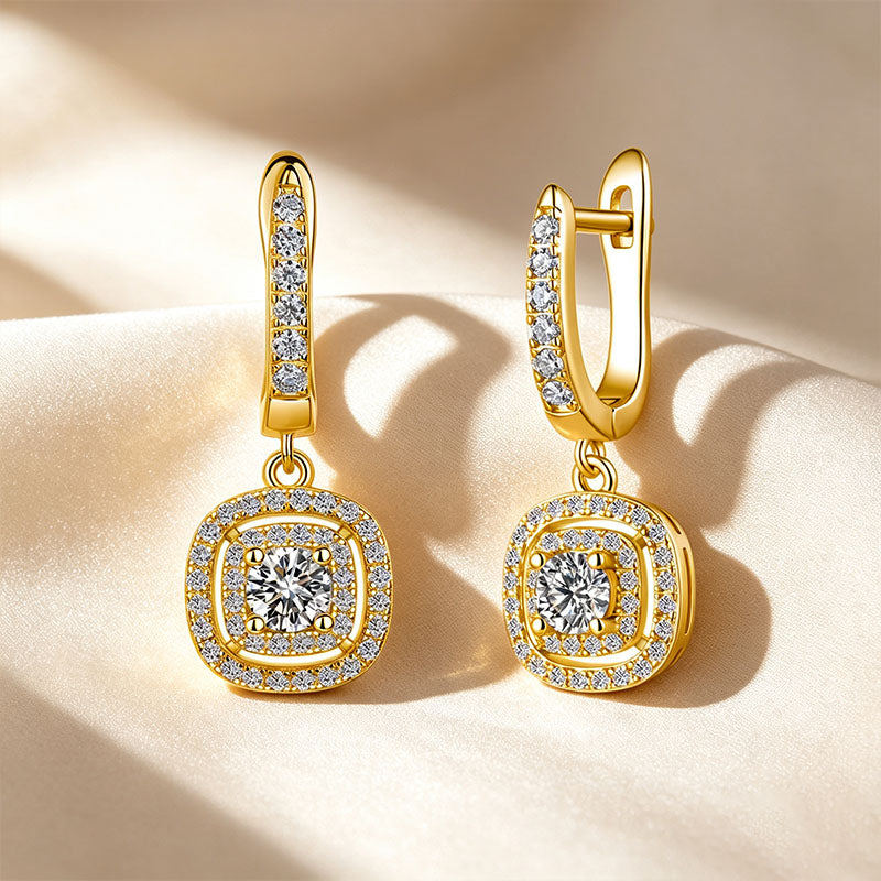 Cushion Double Halo Moissanite Huggie Drop Earrings