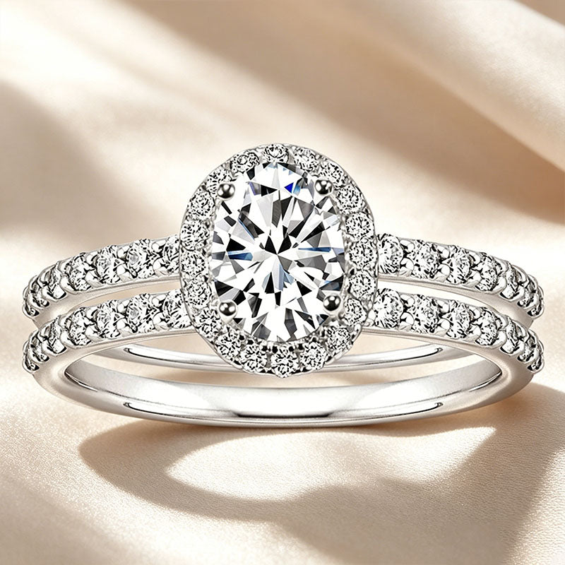 Classic Oval Center Stone Halo Stackable Ring Set