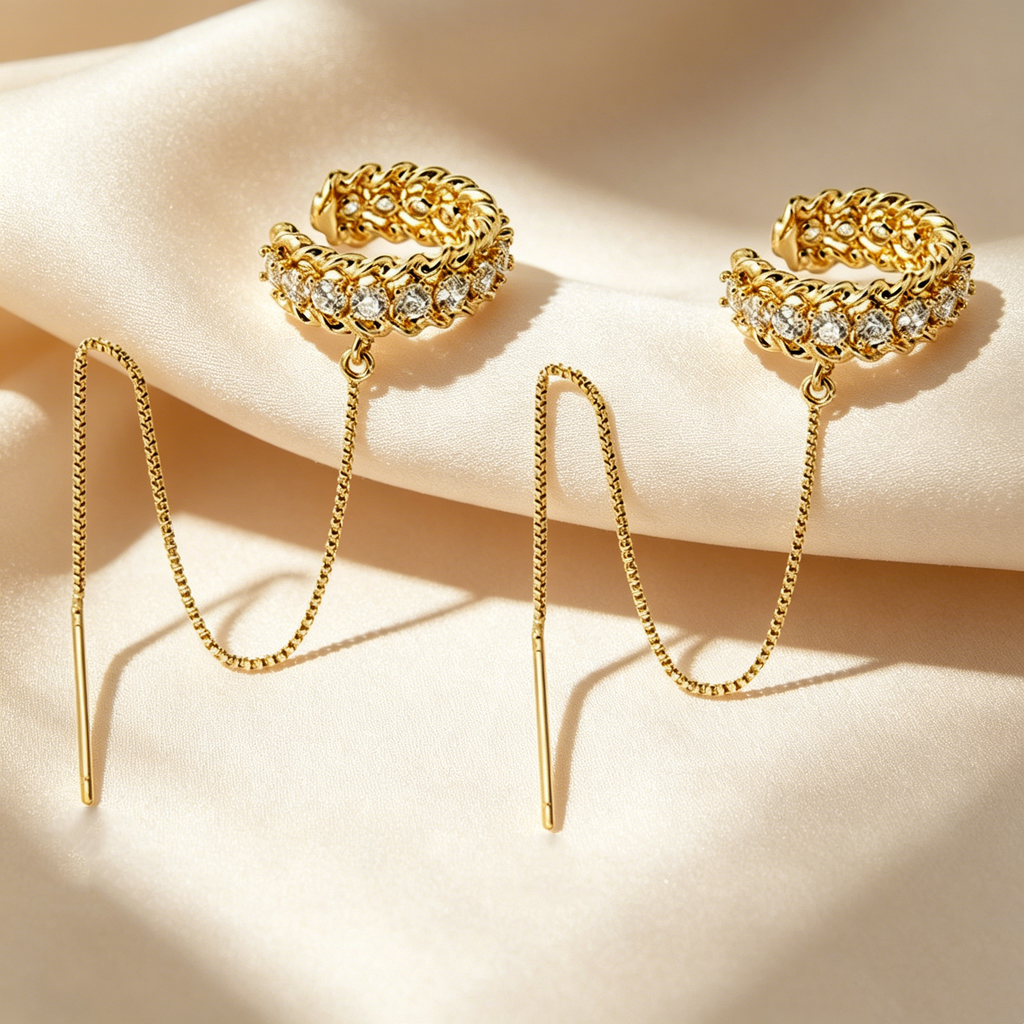 Braided Pavé Ear Cuff & Chain Threader Earrings