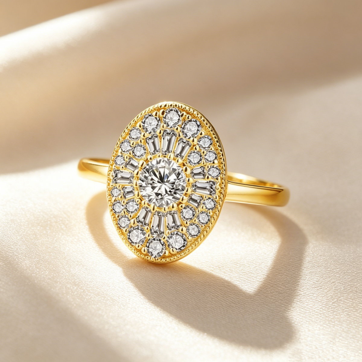 Oval Halo Sunburst Moissanite Ring