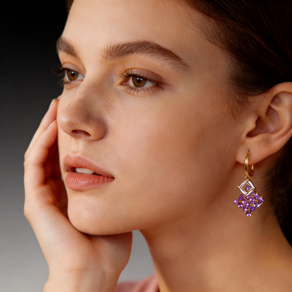 Elegant Amethyst Drop Hoop Earrings
