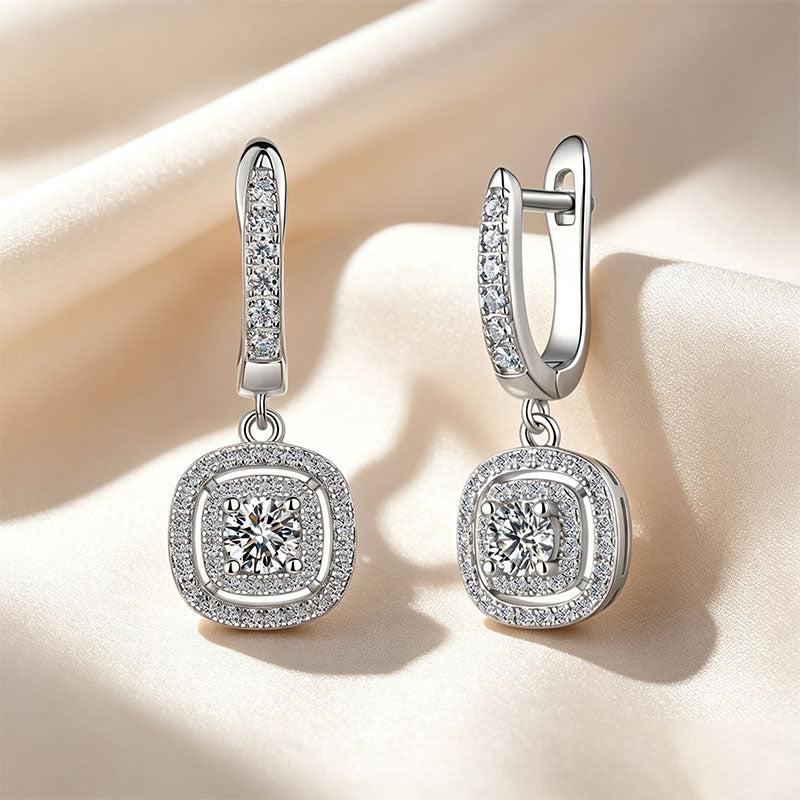 Cushion Double Halo Moissanite Huggie Drop Earrings