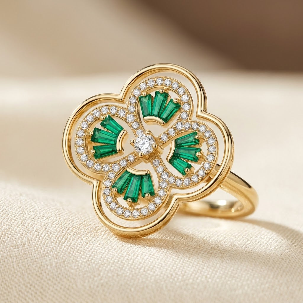Gold Emerald Floral Ring