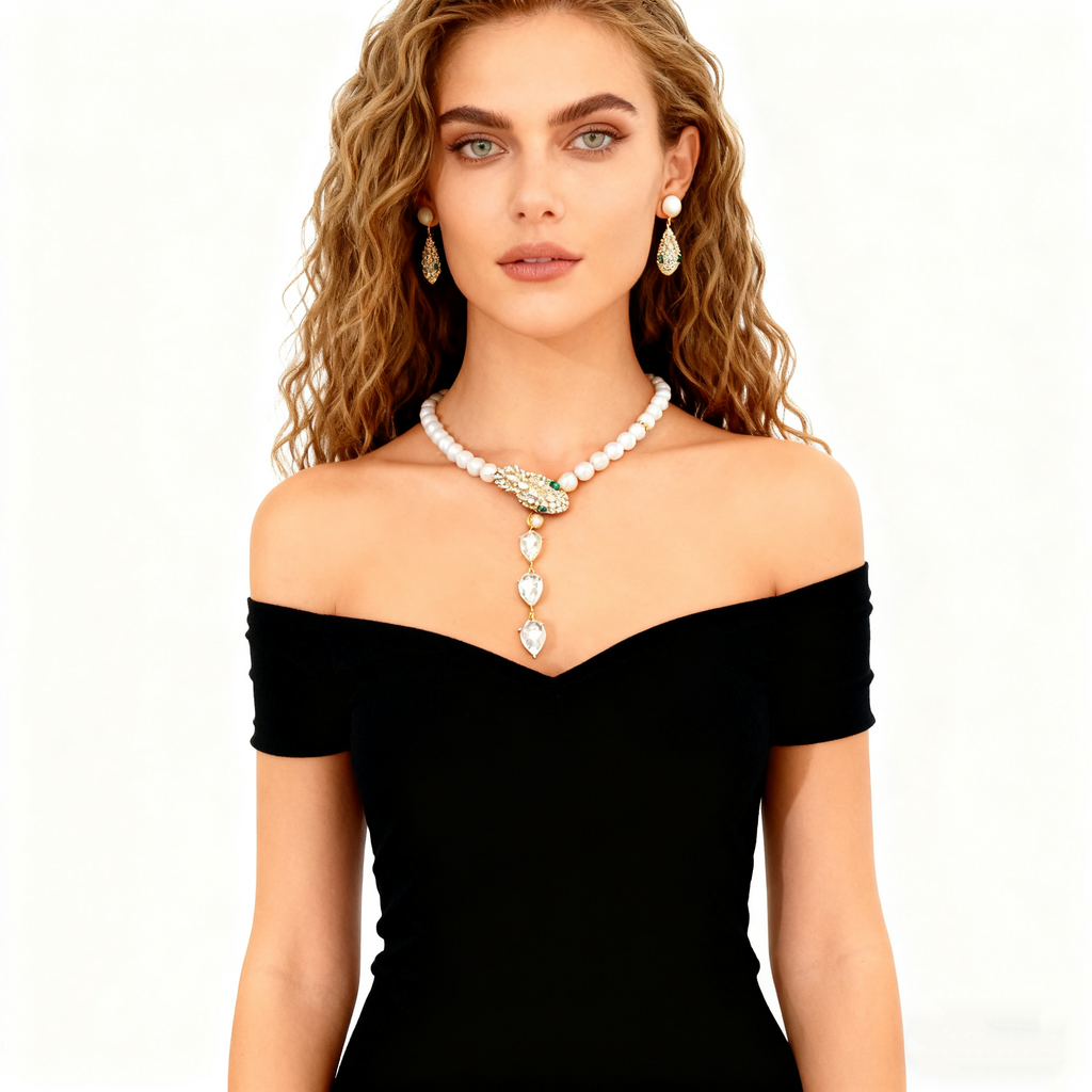 Emerald Diamond Pearl Necklace & Earring Set