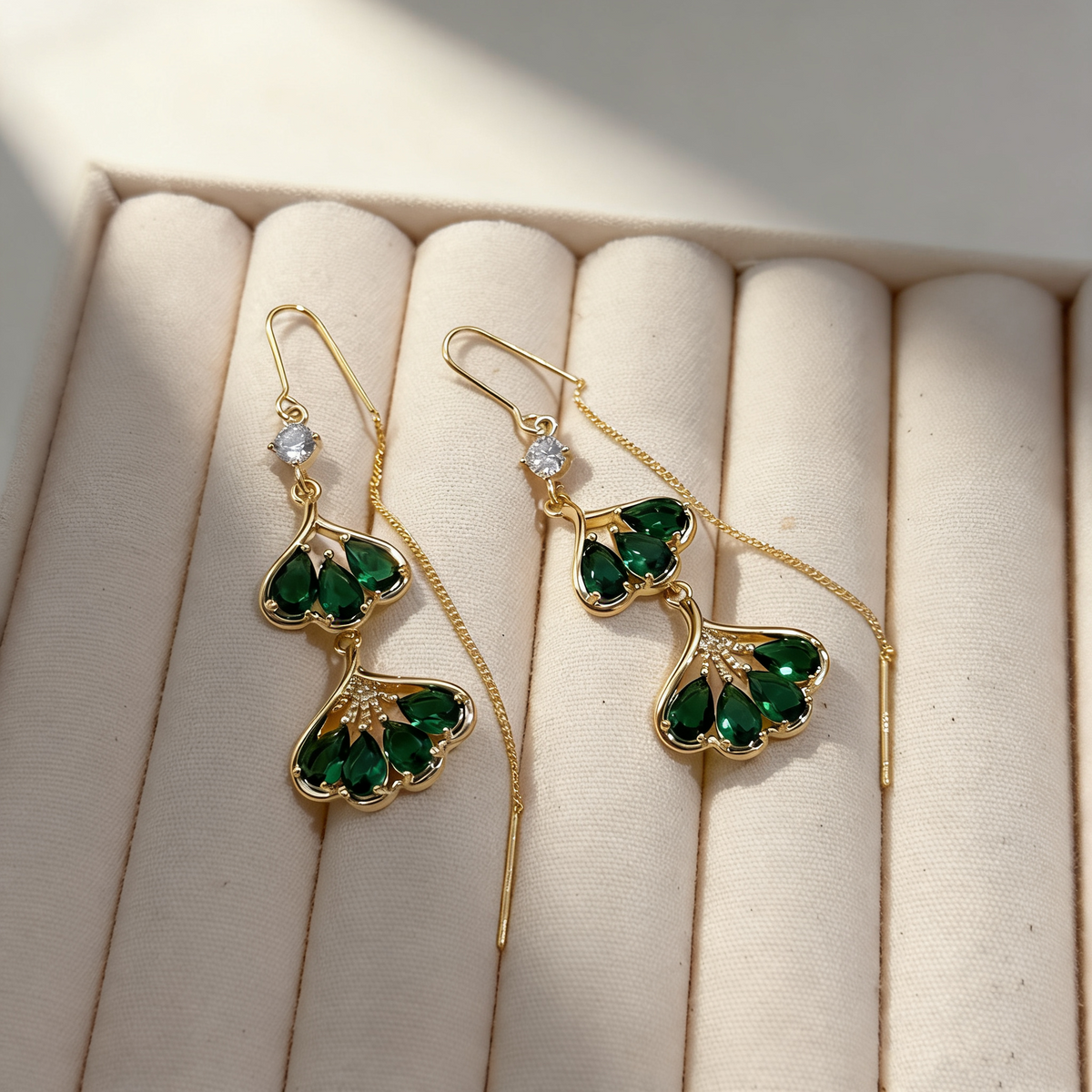 Emerald Ginkgo Leaf Tassel Earrings