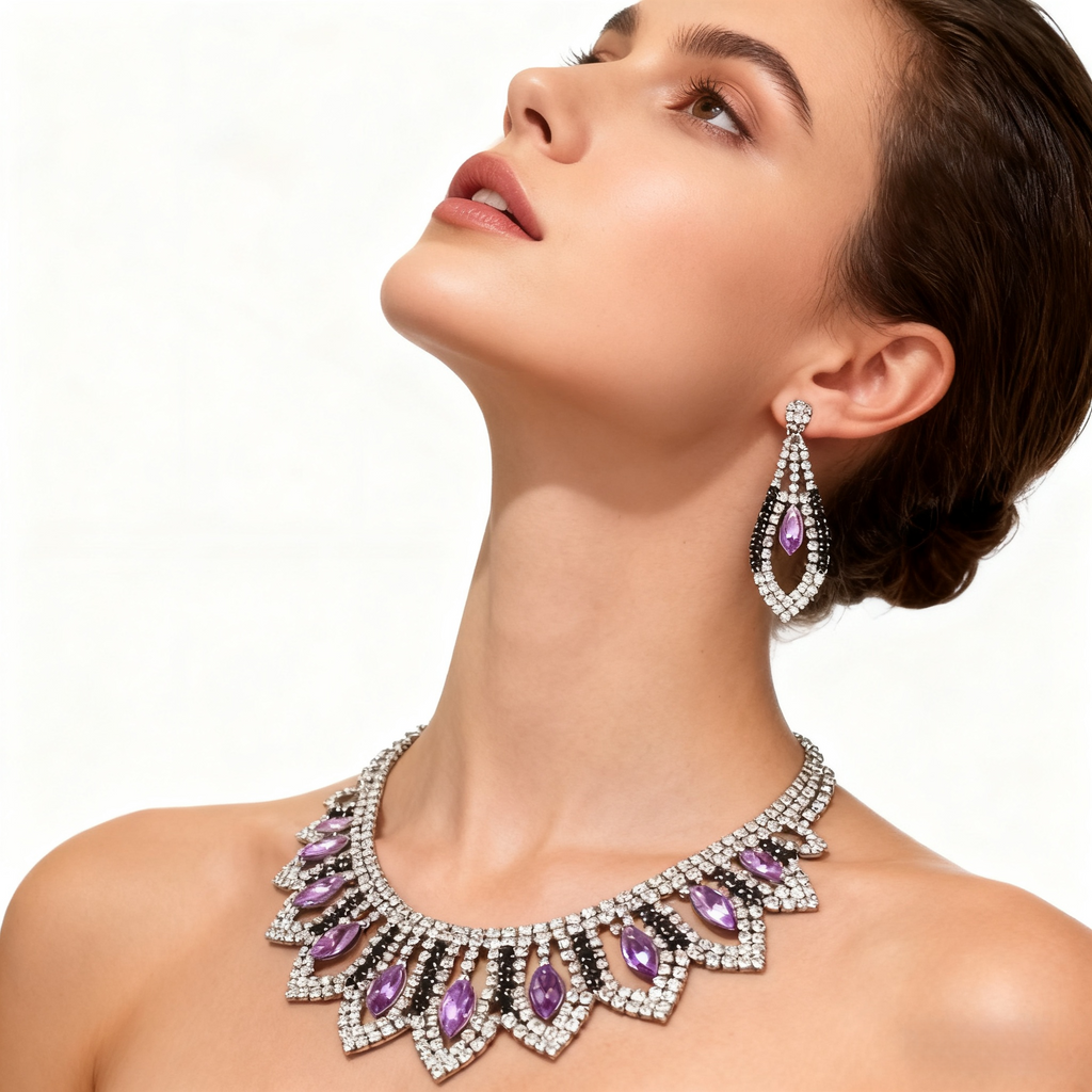 Amethyst & Diamond Tassel Necklace & Earrings Set