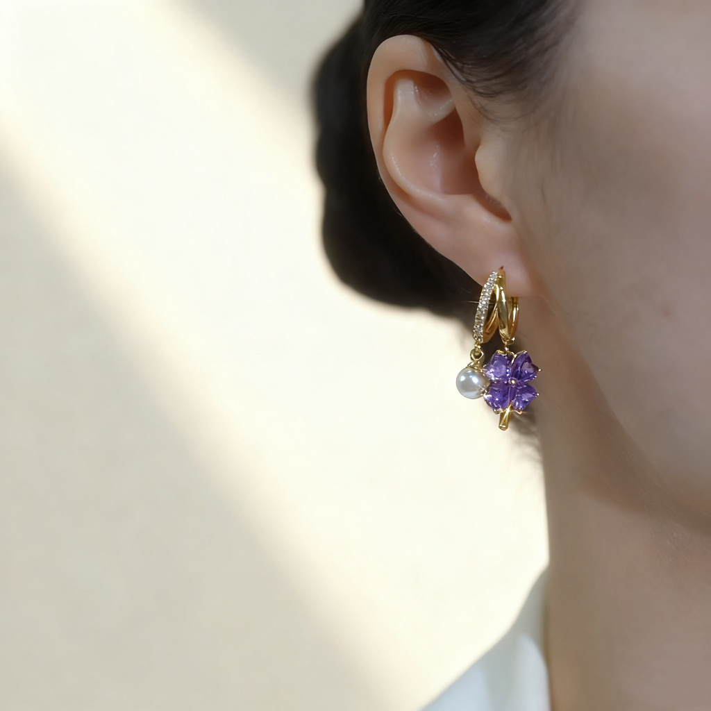 Amethyst Clover & Pearl Double-Layer Earrings