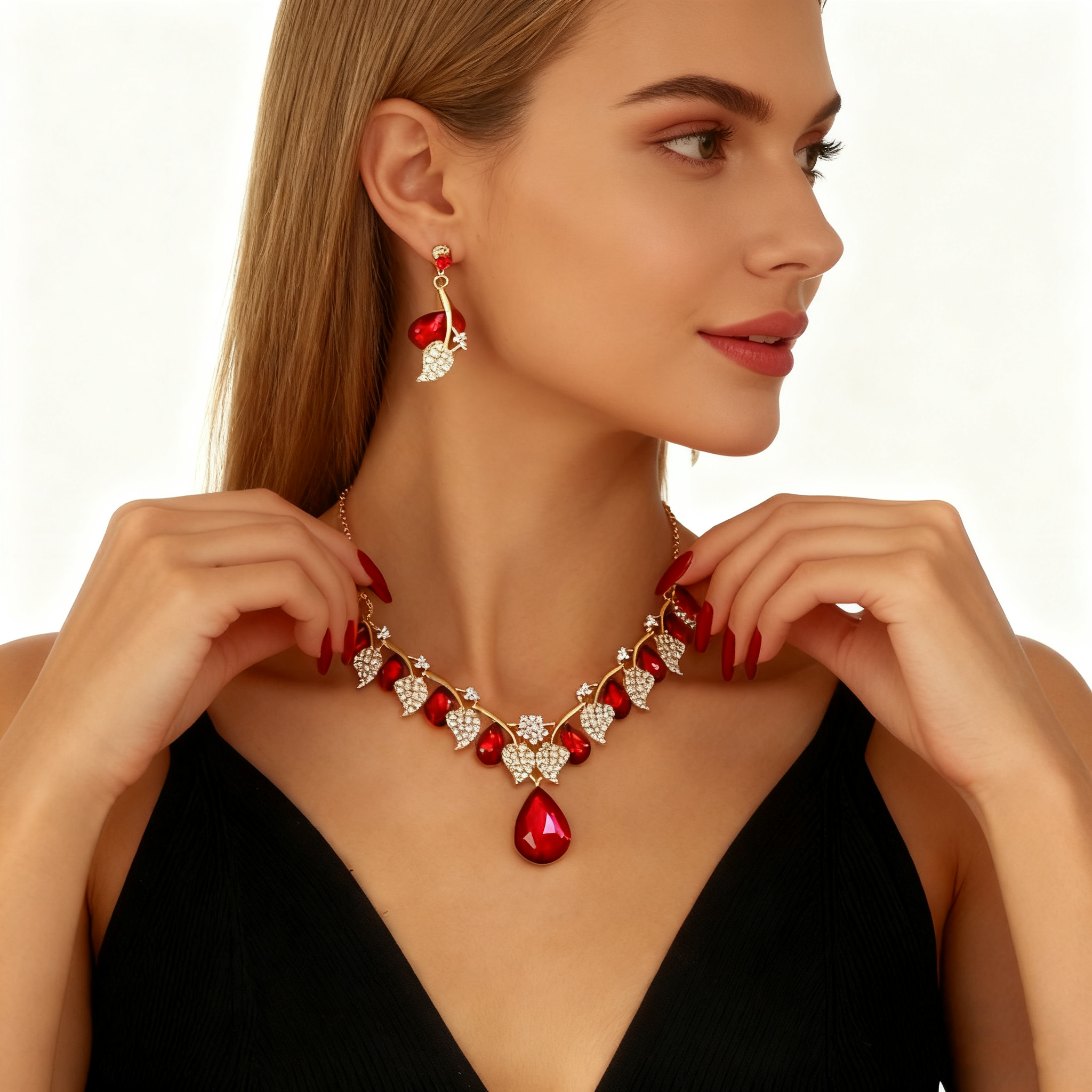 Red Crystal Diamond Necklace & Earring Set