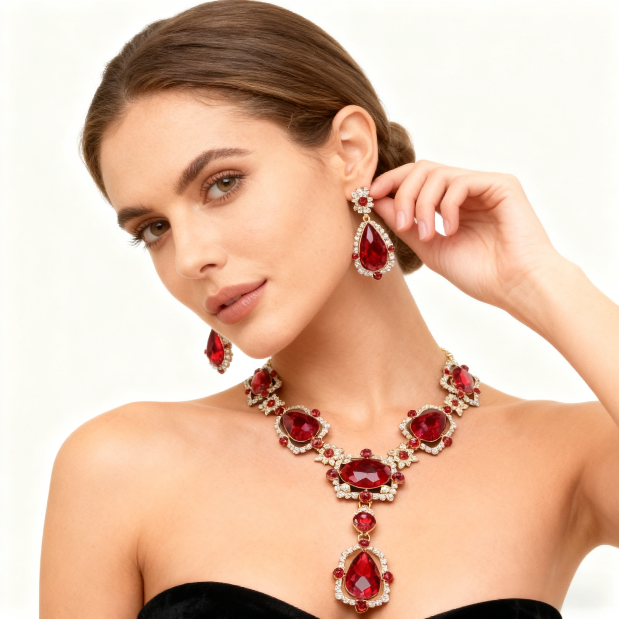 Red Crystal Diamond Necklace & Earring Set