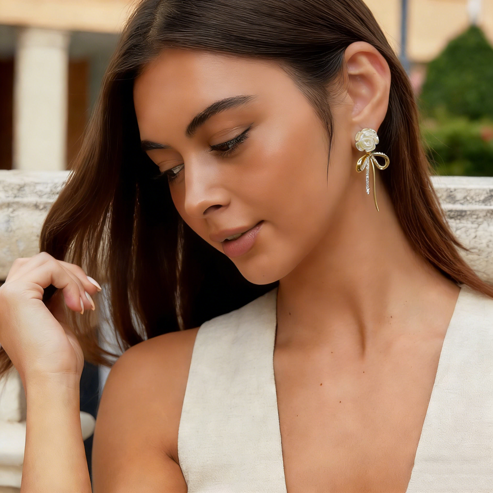 Elegant Bow & White Flower Stud Earrings