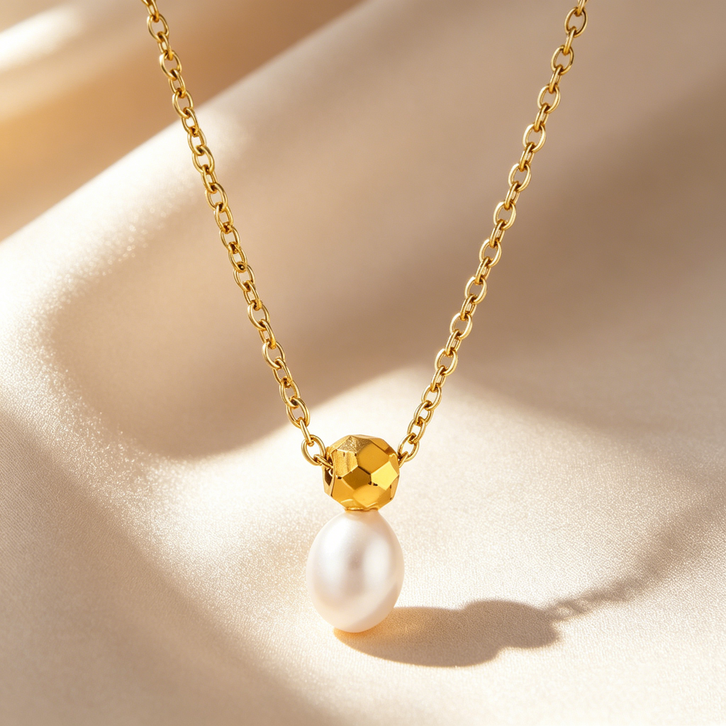 Gold Bead & Natural Pearl Drop Necklace