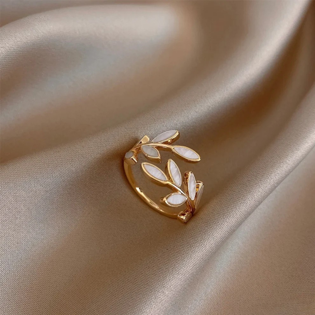 Adjustable White Opal and Gold Ring