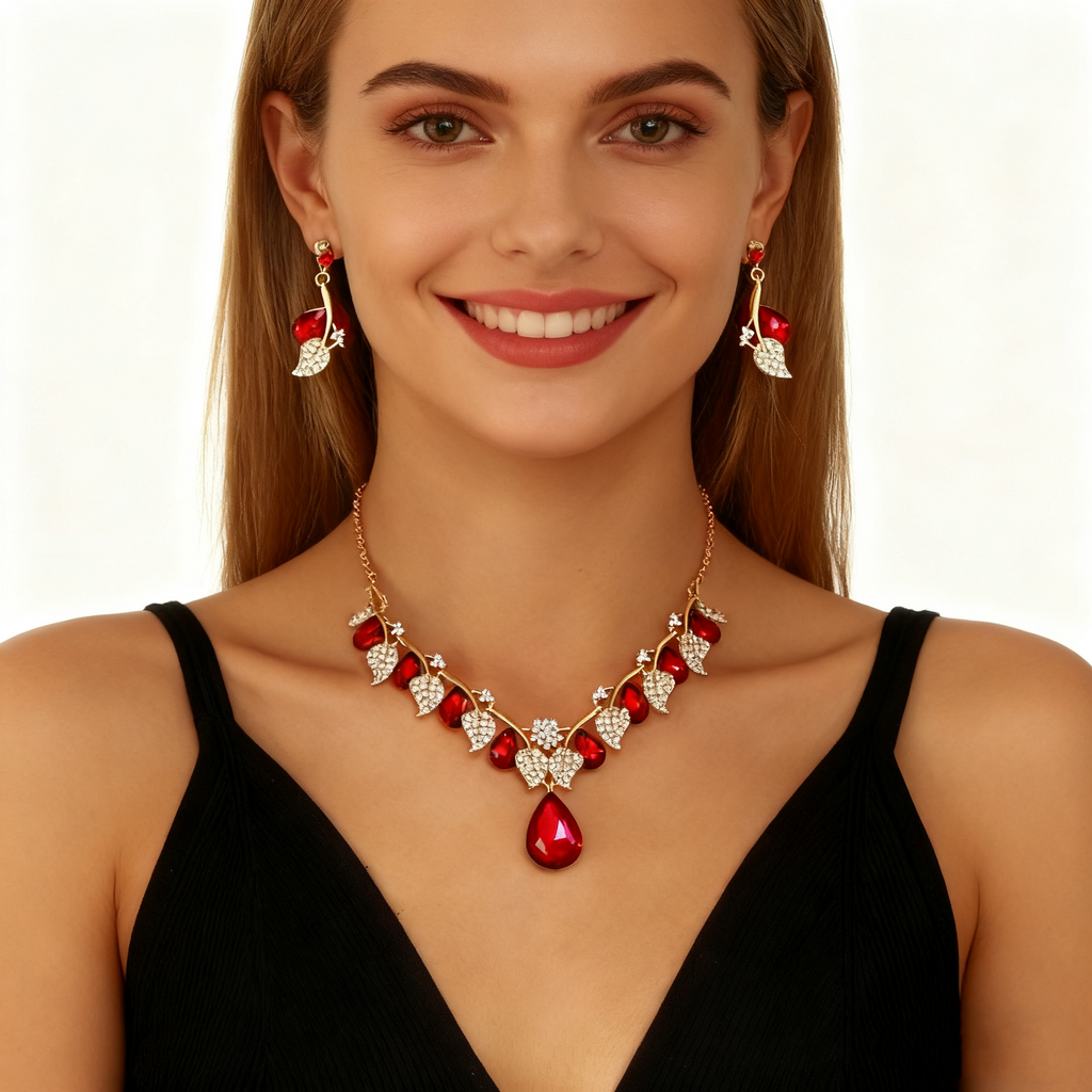 Red Crystal Diamond Necklace & Earring Set