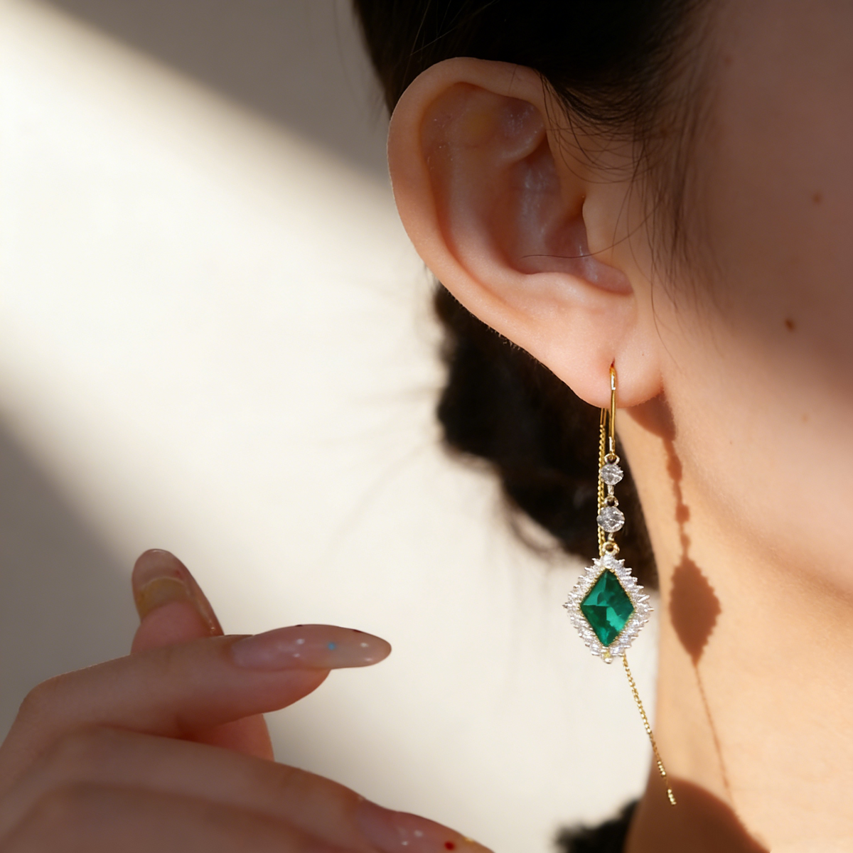 Natural Green Crystal Tassel Threader Earrings