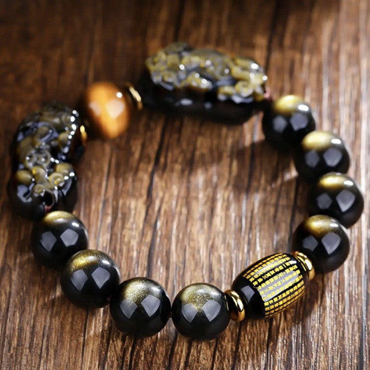 Natural Gold Obsidian Double Pixiu Bracelet