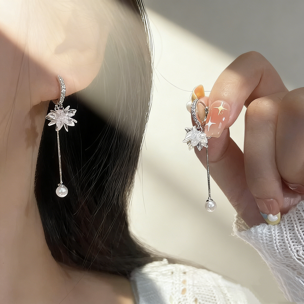 Ice Flower Tassel Pearl Earrings