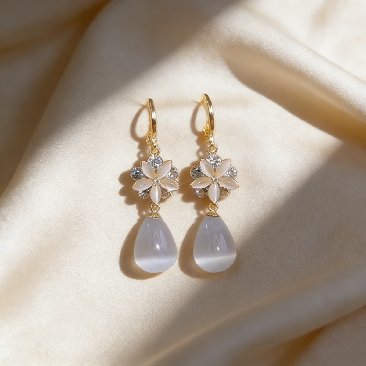 Natural Cat's Eye Flower Drop Earrings