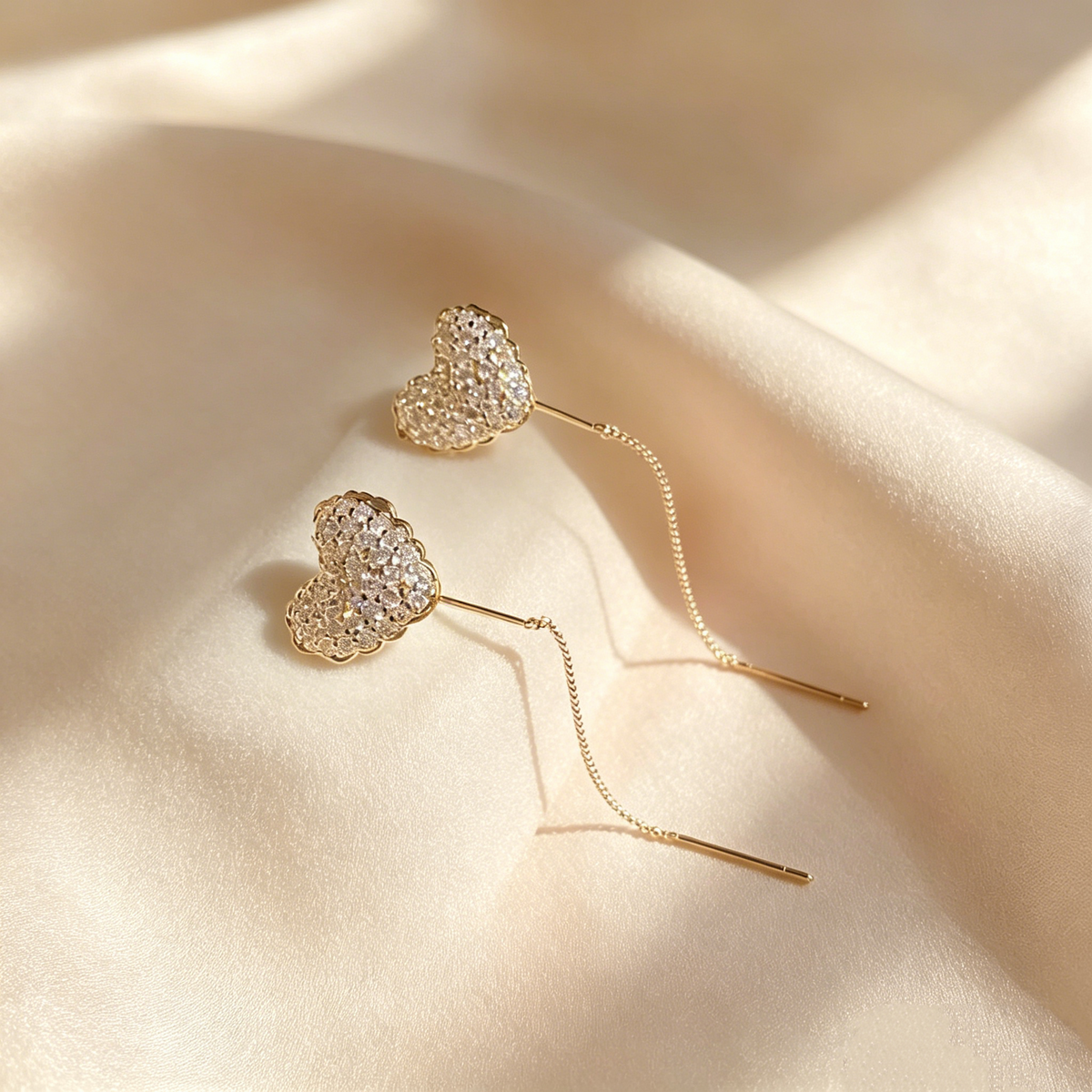 Pavé Heart Tassel Threader Earrings