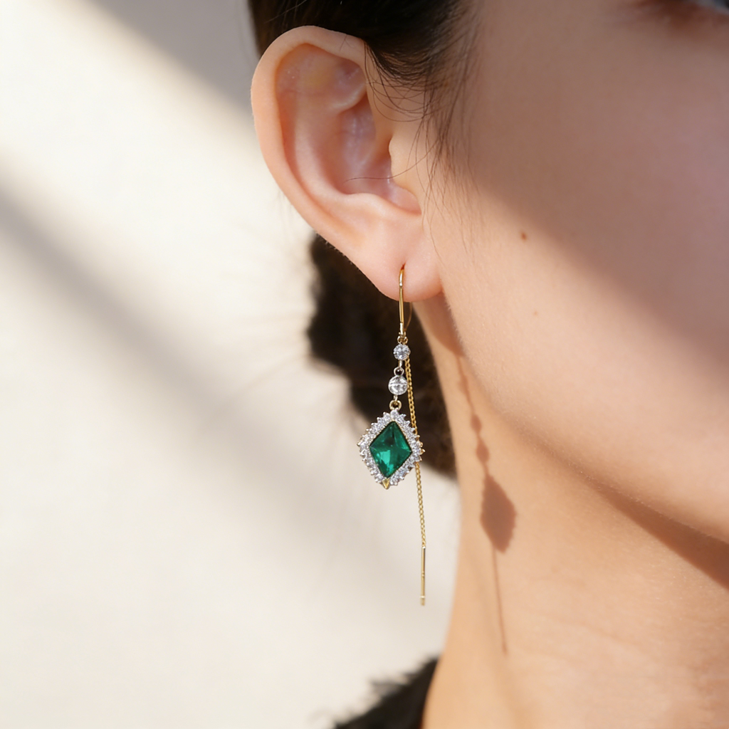 Natural Green Crystal Tassel Threader Earrings