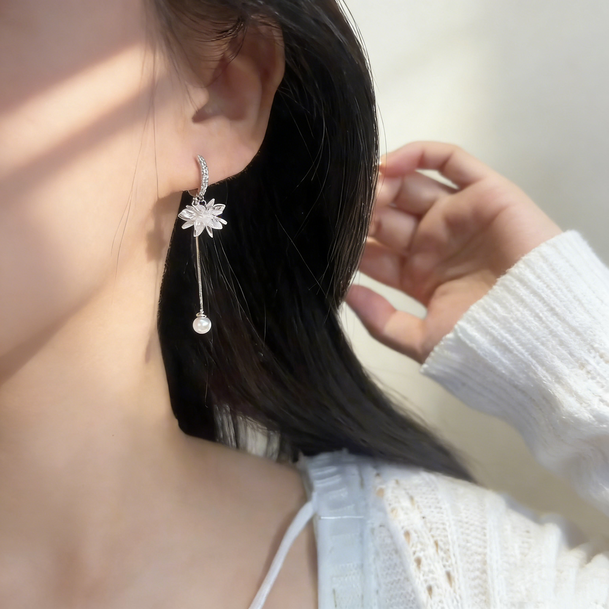 Ice Flower Tassel Pearl Earrings