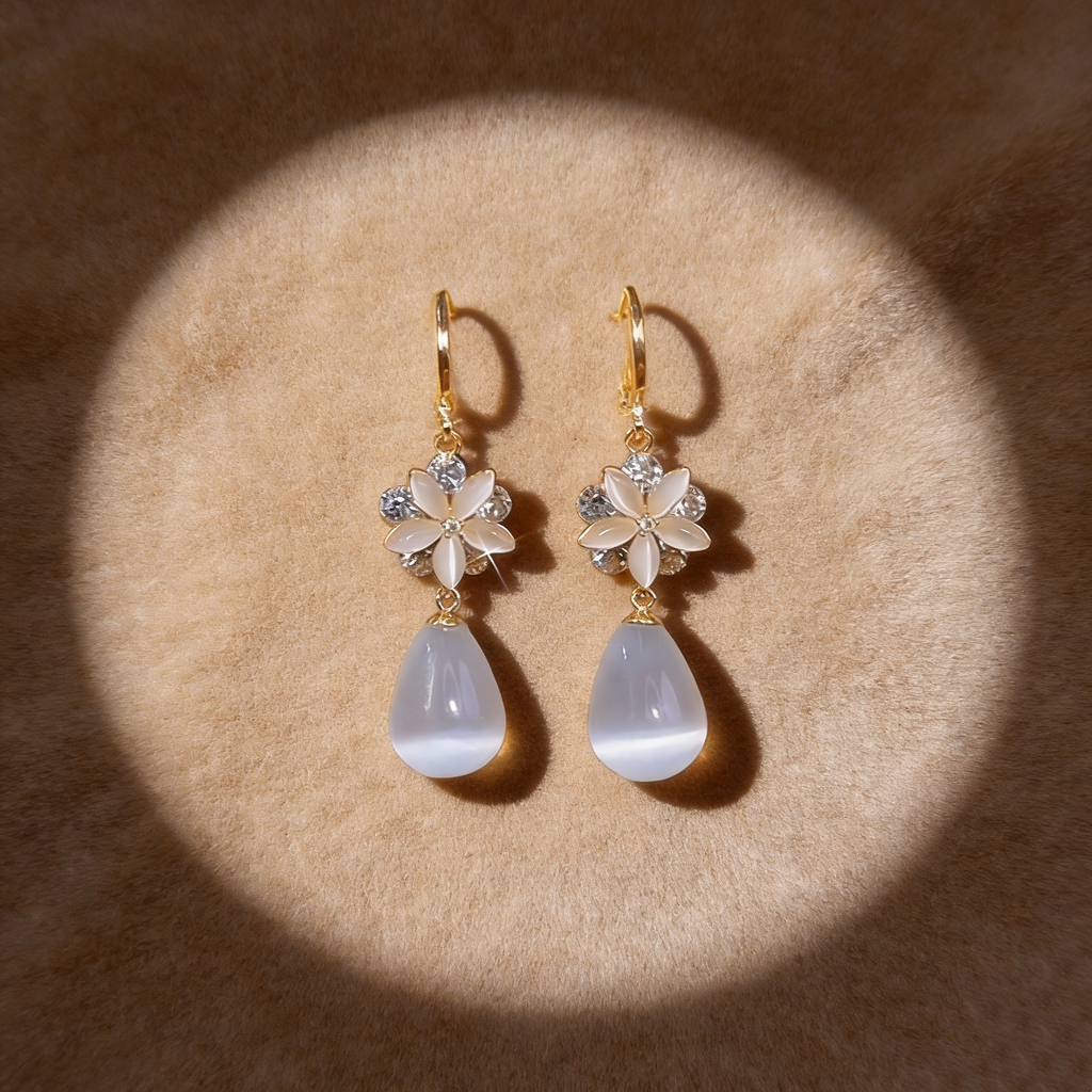 Natural Cat's Eye Flower Drop Earrings