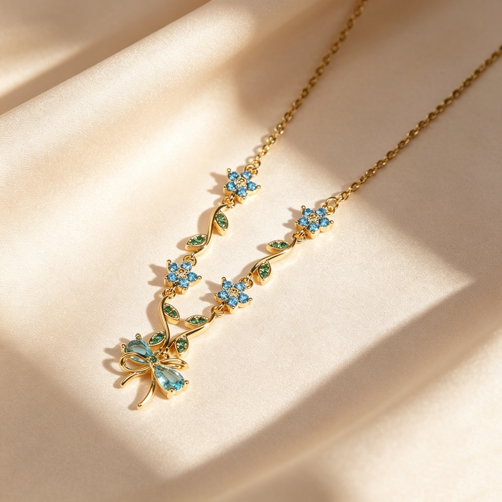 Blue Crystal Floral Butterfly Jewelry Set