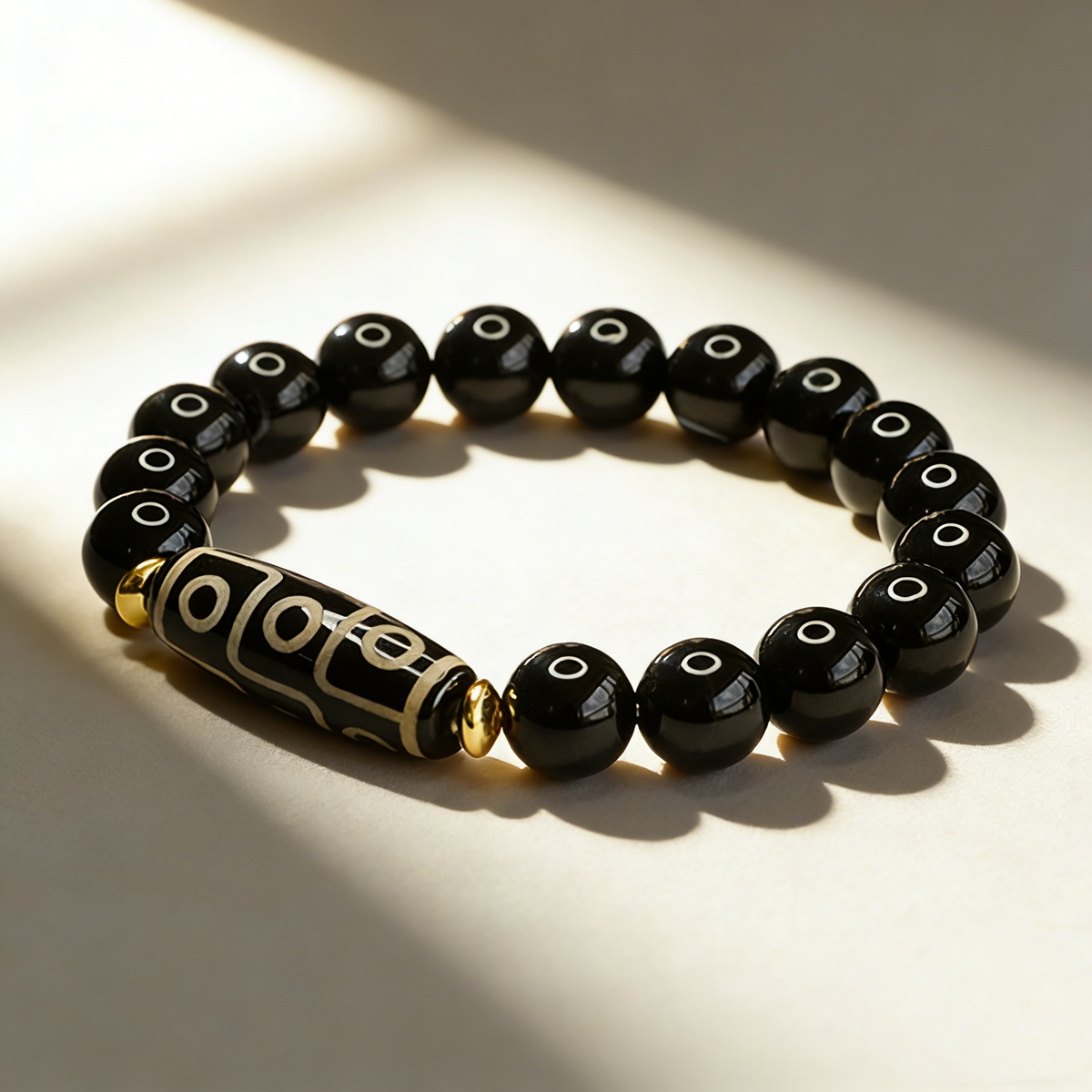 Nine-Eye Dzi Bead Black Agate Bracelet