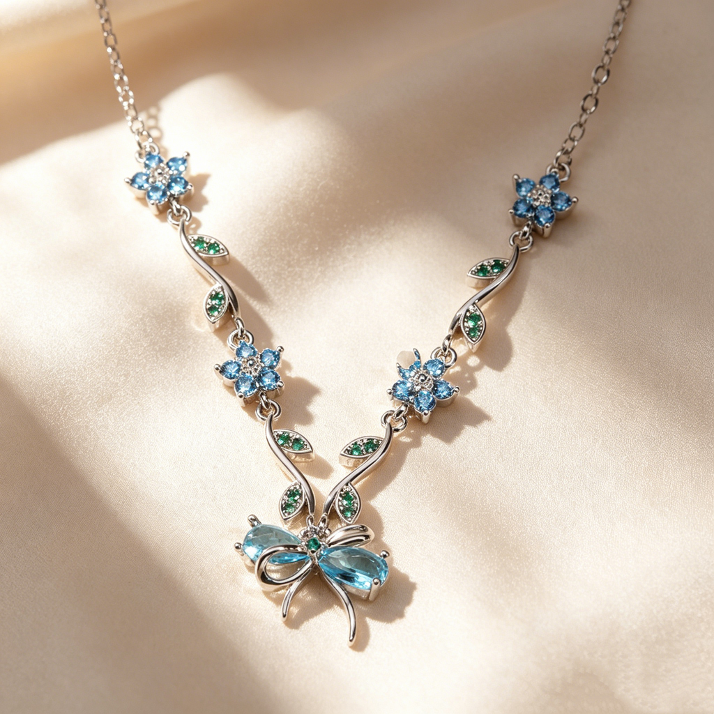 Blue Crystal Floral Butterfly Jewelry Set