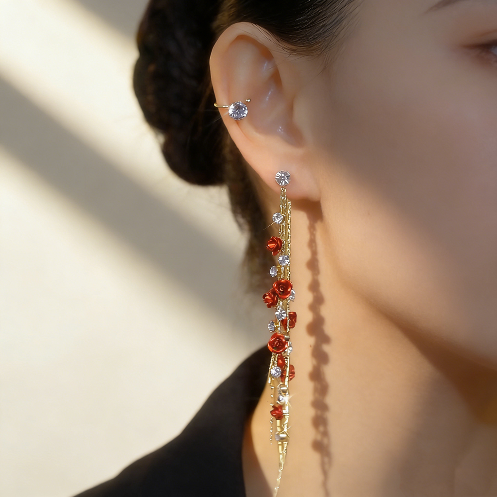Floral Tassel Stud Earrings
