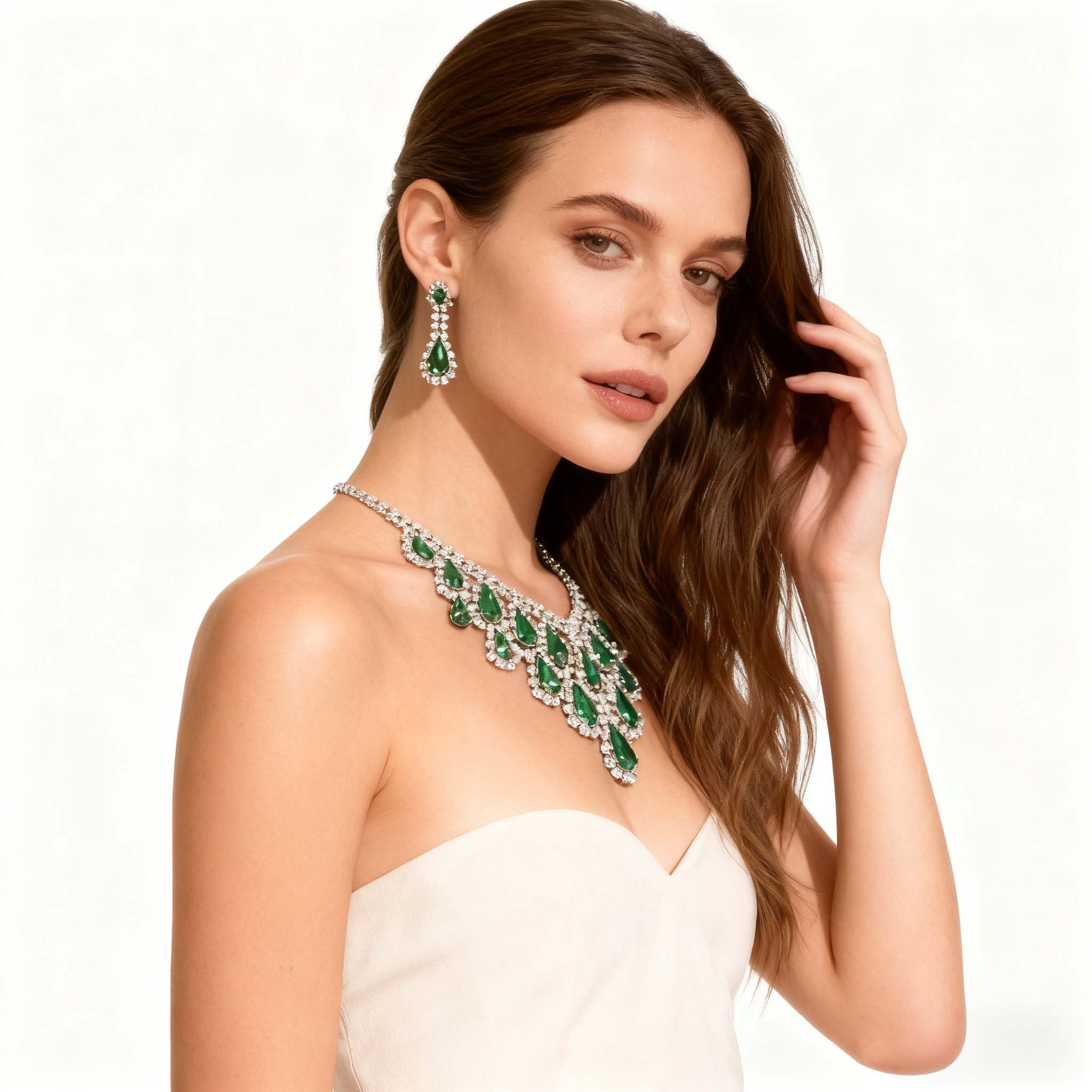 Green Crystal Tassel Necklace & Earring Set