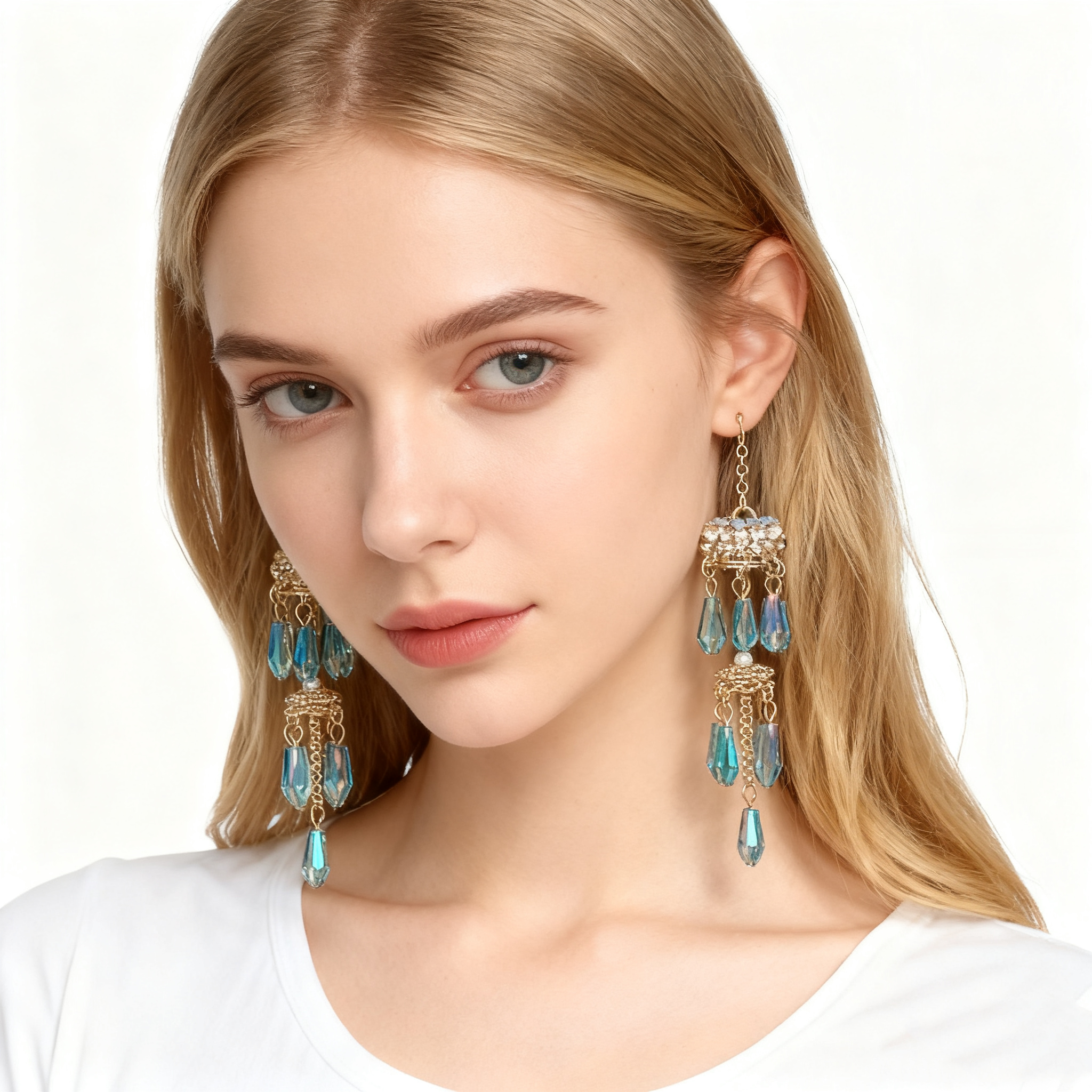 Blue Crystal Tassel Earrings