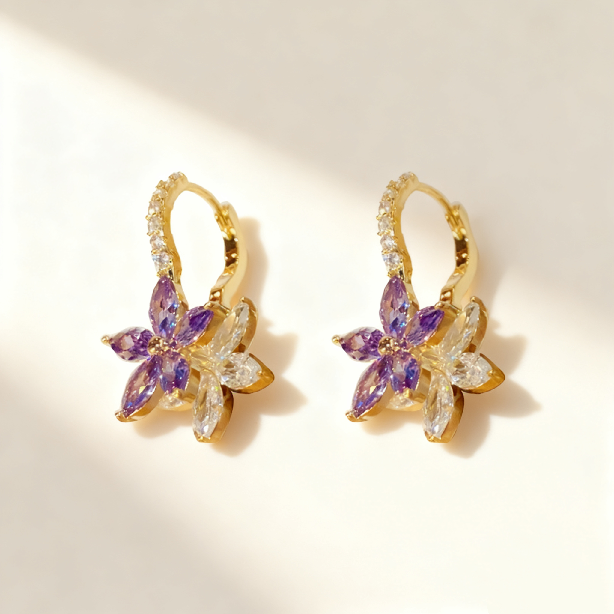 Amethyst & Diamond Flower Double-Layer Earrings