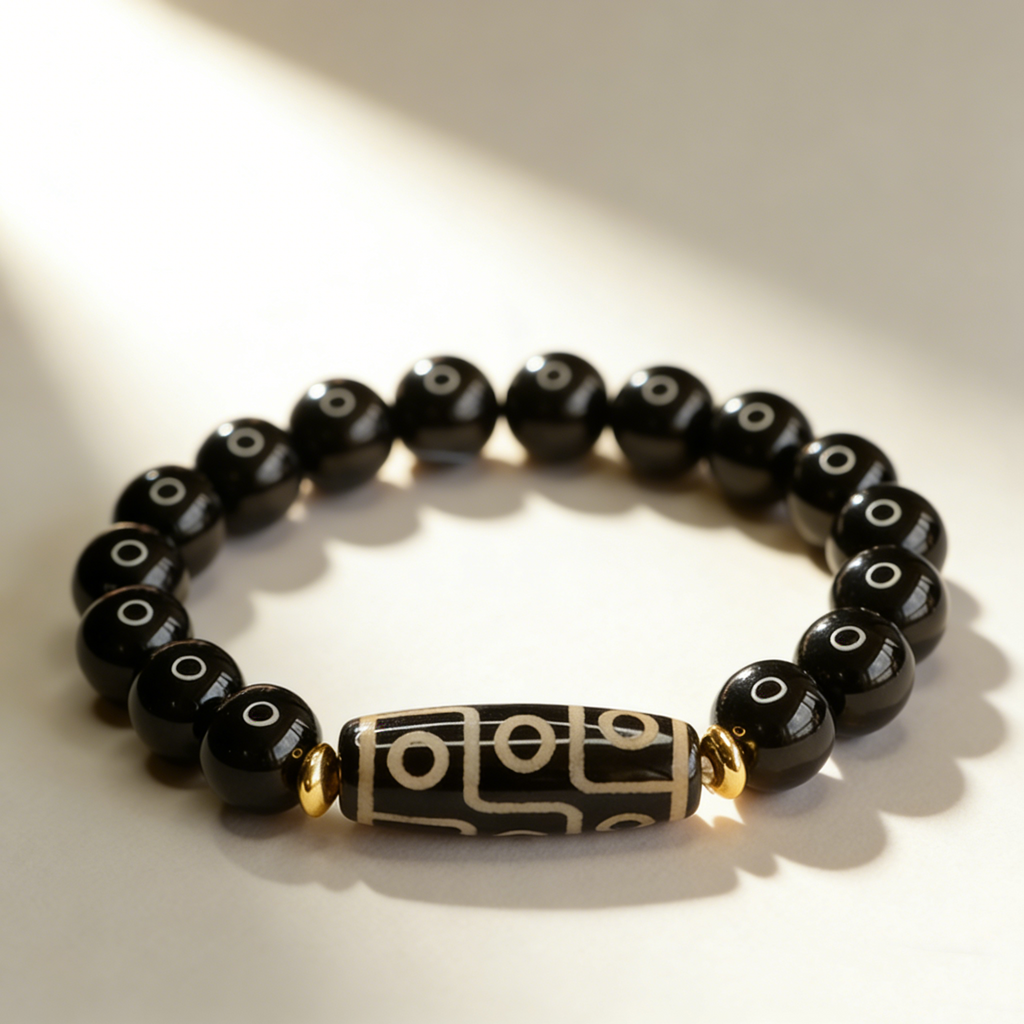 Nine-Eye Dzi Bead Black Agate Bracelet