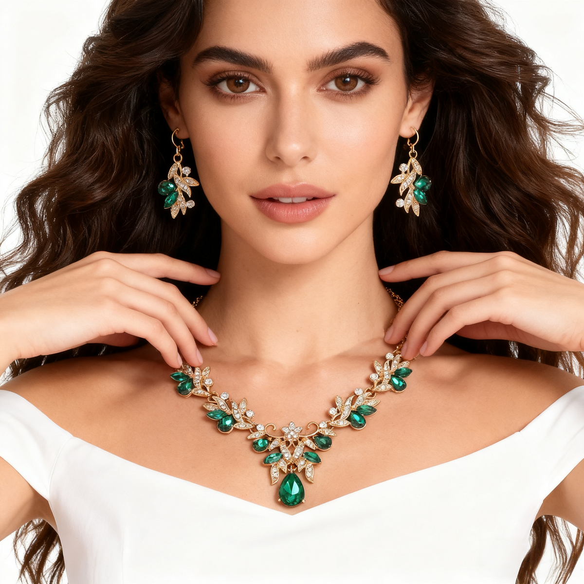 Green Crystal Leaf & Diamond Necklace & Earring Set