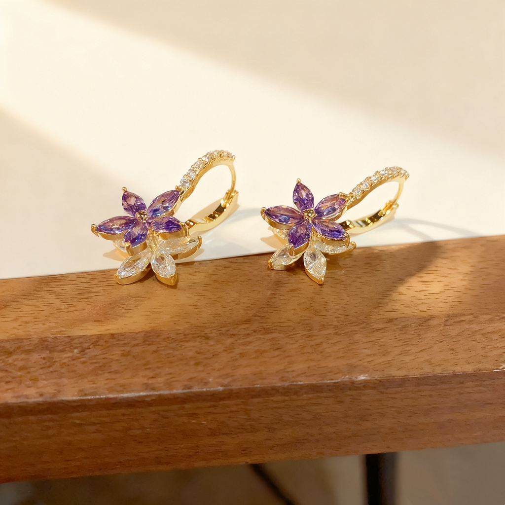 Amethyst & Diamond Flower Double-Layer Earrings