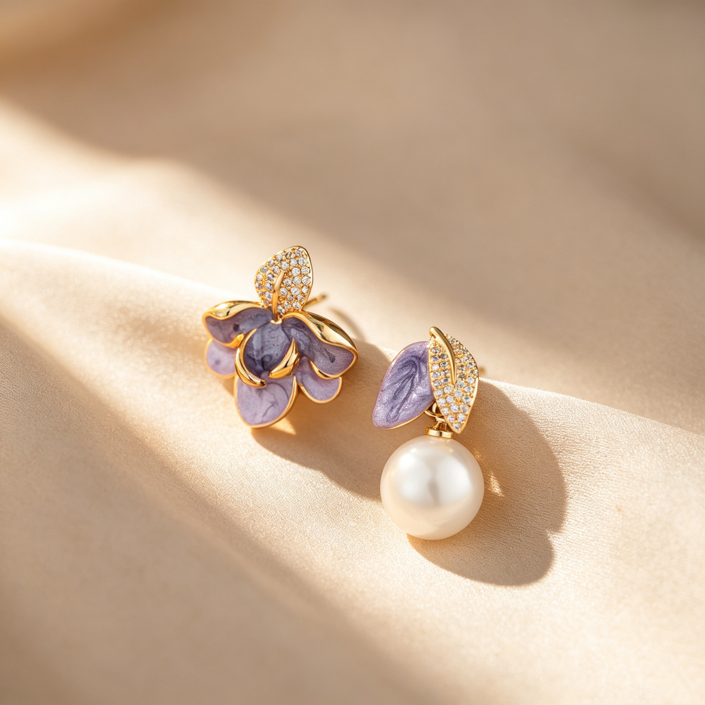 Elegant Asymmetrical Magnolia Enamel & Pearl Drop Earrings