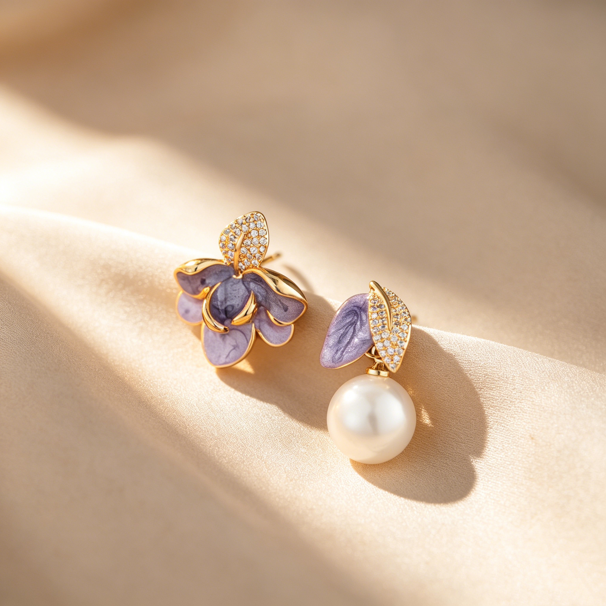 Elegant Asymmetrical Magnolia Enamel & Pearl Drop Earrings