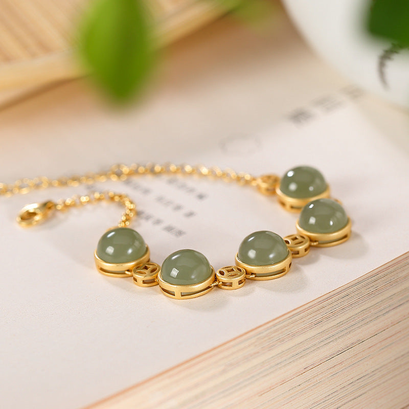 Copper Coin Natural Emerald Jade Stone Bracelet