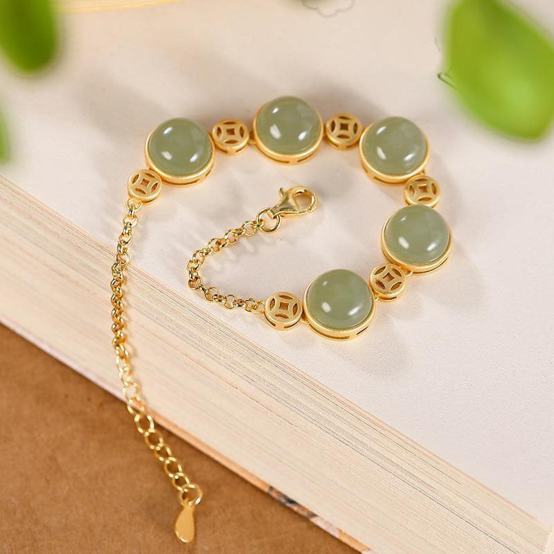 Copper Coin Natural Emerald Jade Stone Bracelet