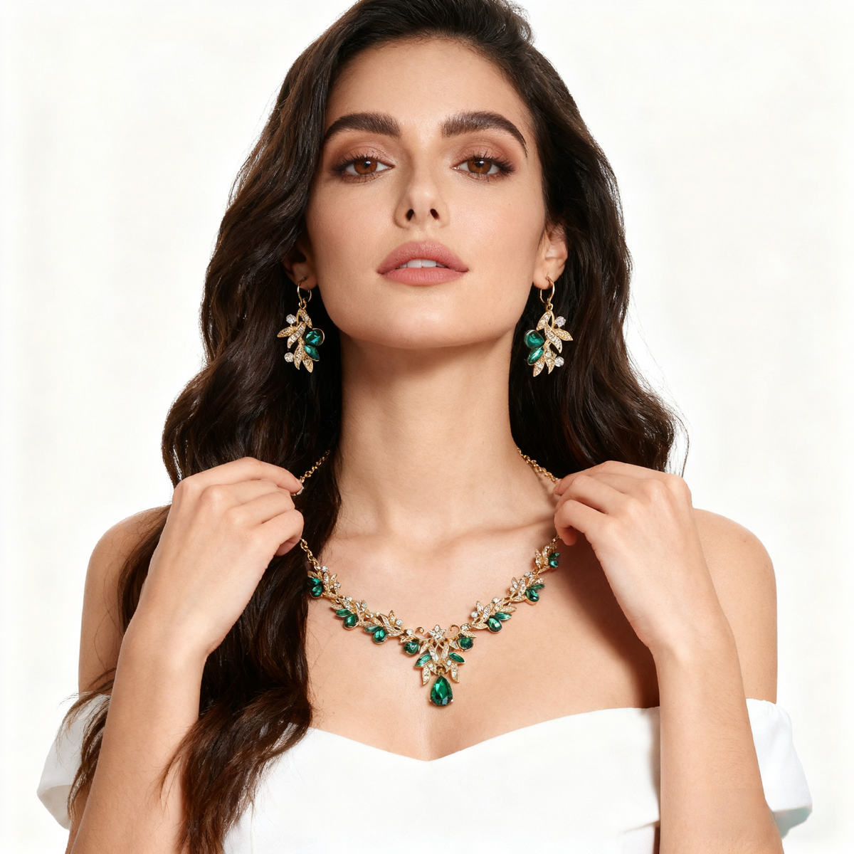 Green Crystal Leaf & Diamond Necklace & Earring Set