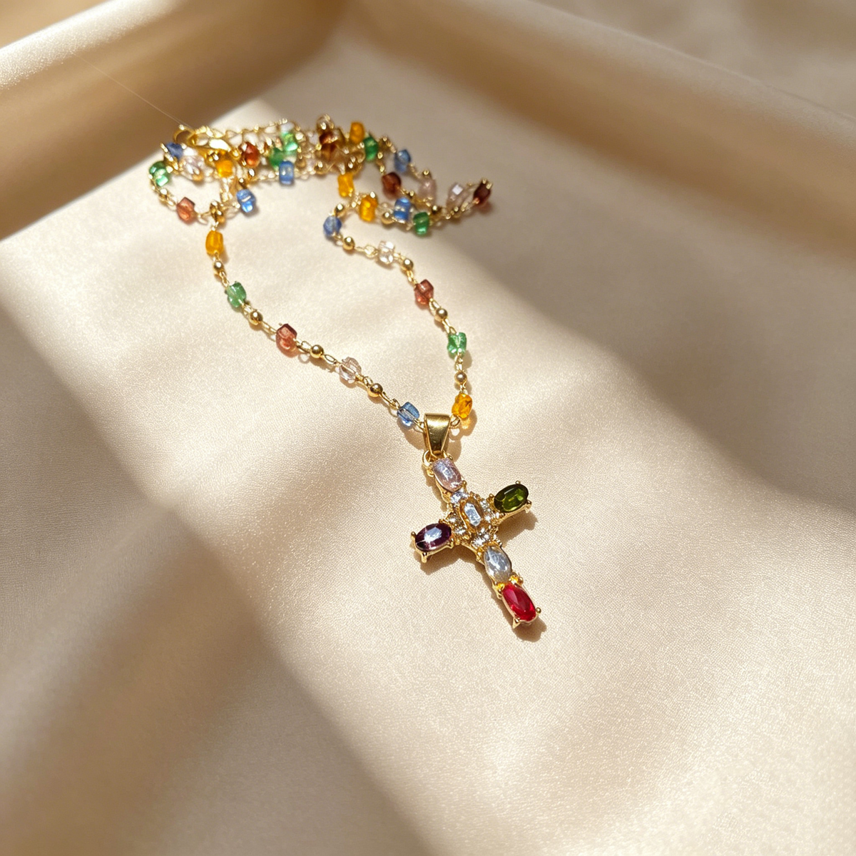 Natural Multicolor Gemstone Cross Necklace