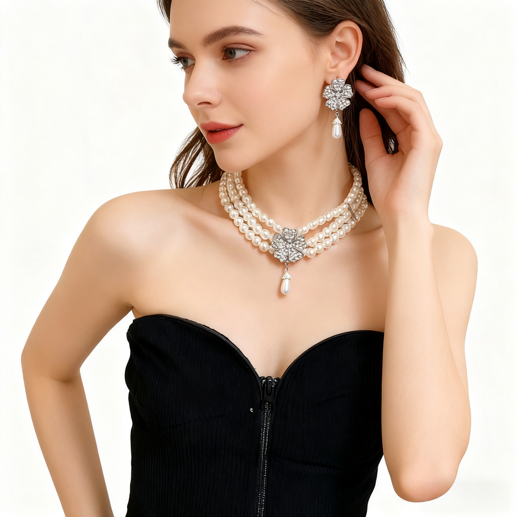 Diamond Flower Multi-Layer Pearl Necklace & Earring Set