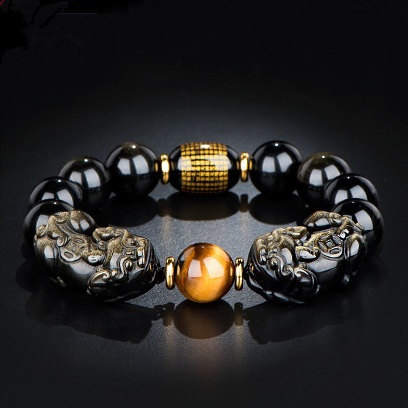 Natural Gold Obsidian Double Pixiu Bracelet
