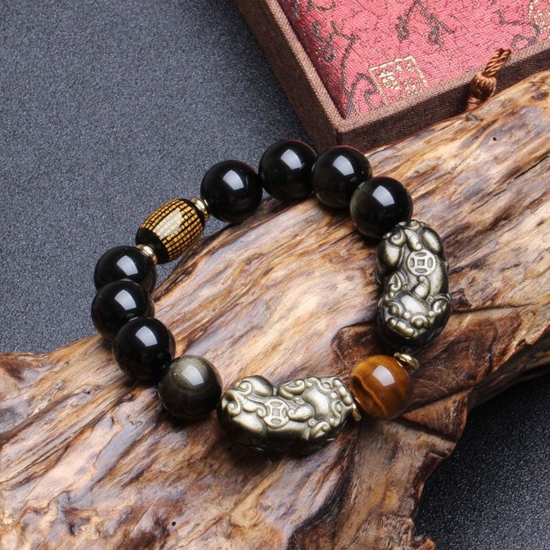 Natural Gold Obsidian Double Pixiu Bracelet