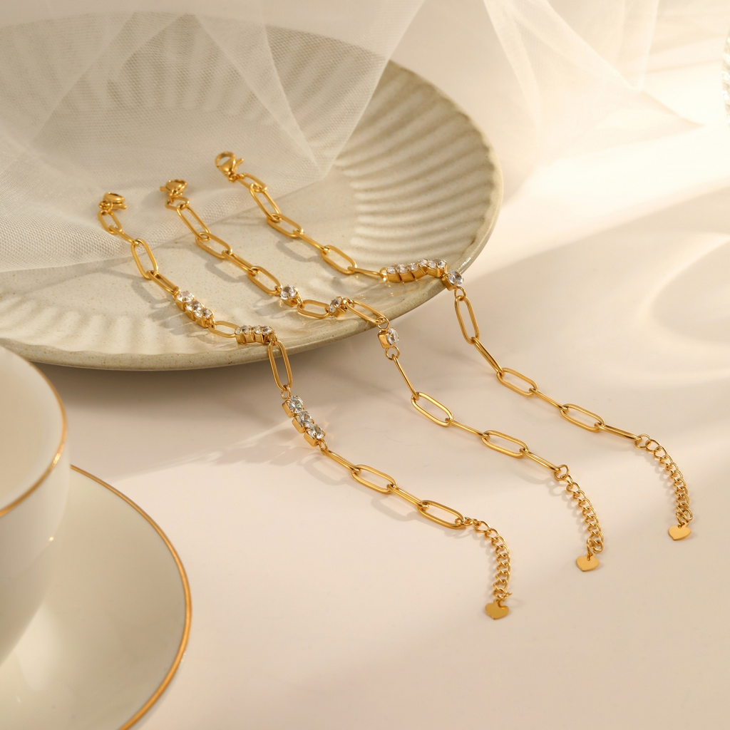 Paperclip Link Round Stone Station Bracelet