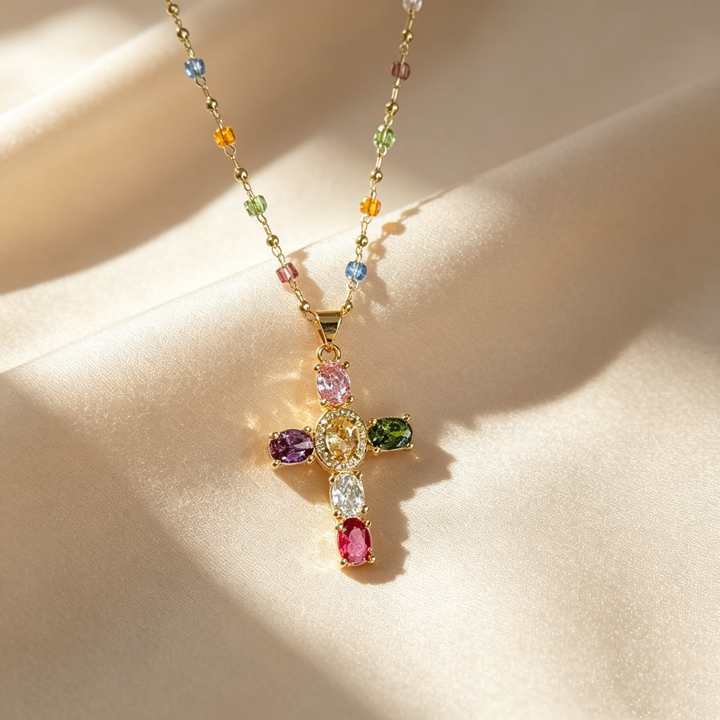 Natural Multicolor Gemstone Cross Necklace