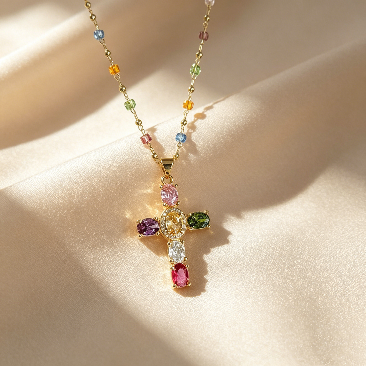 Natural Multicolor Gemstone Cross Necklace