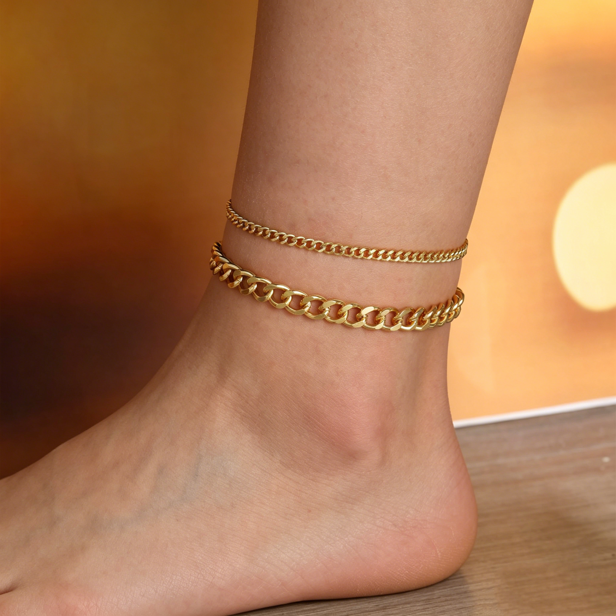 Double Layer Cuban Link Anklet Set